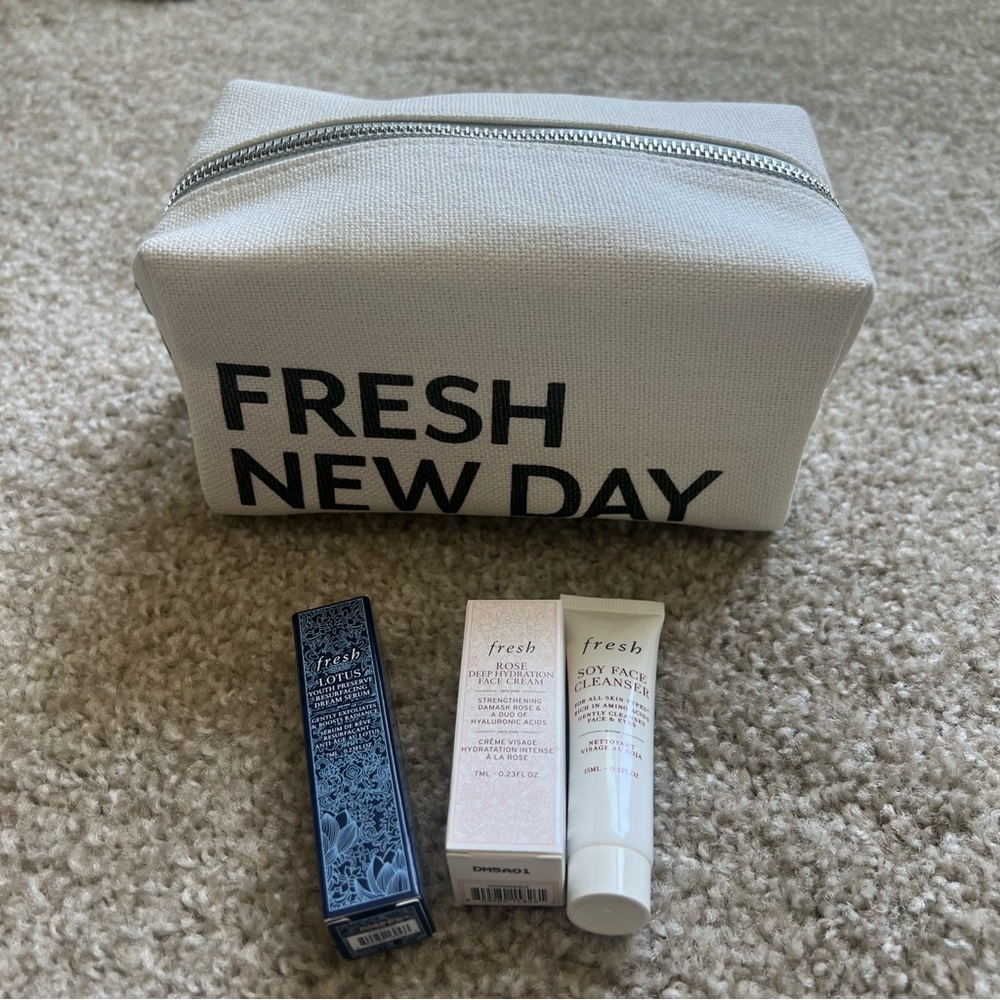 Fresh makeup bag and 3 piece skincare travel set gift